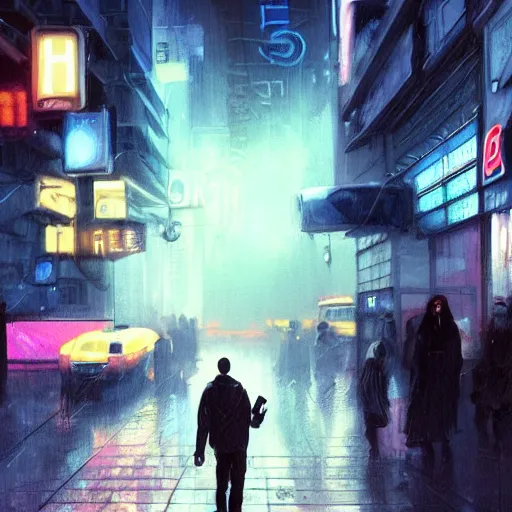 Image similar to man smoking taking picture with disposable camera in the crowded street of a cyberpunk city, rain, harsh neon lights, highly detailed, digital painting, trending on artstation, concept art, sharp focus, illustration, art by artgerm and greg rutkowski and magali villeneuve