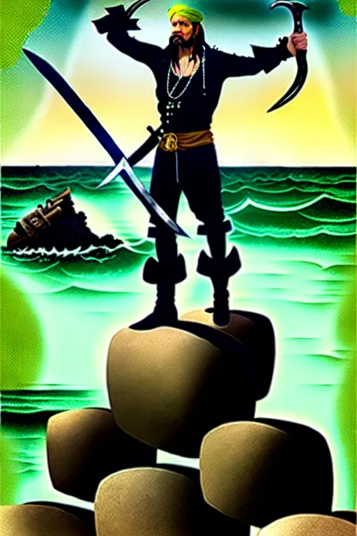 Image similar to an epic fullbody portrait of a pirate captain in masculine pose standing on a pile of skulls and pointing his sword to the sea and the horizone. by boris valejho in style of waldemar von kozak