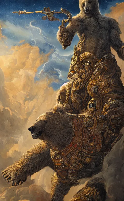 Image similar to mural of a bear beast-man, sci fi weapon, royal ornaments, reaching towards the heavens, sci fi world, holy imagery, highly detailed, beautiful colors, renaissance mural, mural in the style of sandro boticceli, sandro boticceli