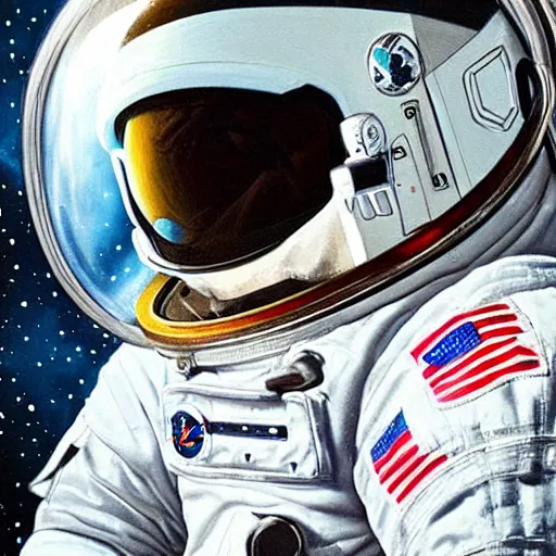 Image similar to a close up painting of an astronaut floating in space. his helmet visor is dark and reflective. you can see the reflection of flowers in his helmet visor.