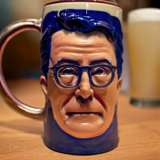 Prompt: stephen colbert face in irish beer mug, 8 k, ultra realistic details