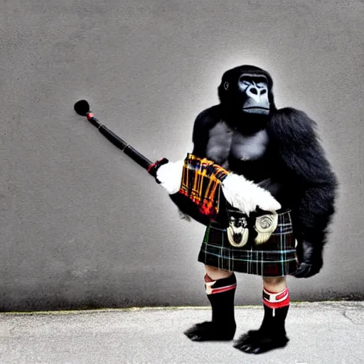 Prompt: A gorilla in a kilt playing bagpipes at a church, realistic photo,