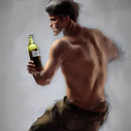 Image similar to artistic rendition of a man jumping in the while holding a bottle, trending on Artstation