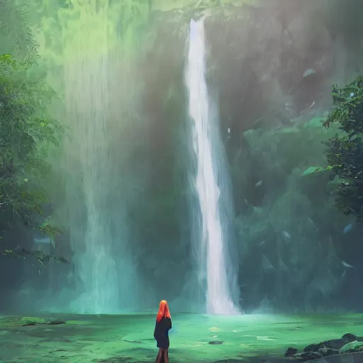 Image similar to a woman stands in front of a waterfall, green and orange color scheme, morning, artstation,