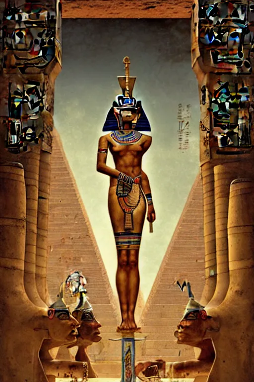 Image similar to pharao's tomb and egyptian gods | esoteric symbolism | jean - baptiste monge, esao andrews, bastien lecouffe - deharme, tim jacobus, ken currie | ultra - detailed realism, soft cinematic lighting, hi - fructose, artstation, high - quality, ink watercolors wes anderson poster art