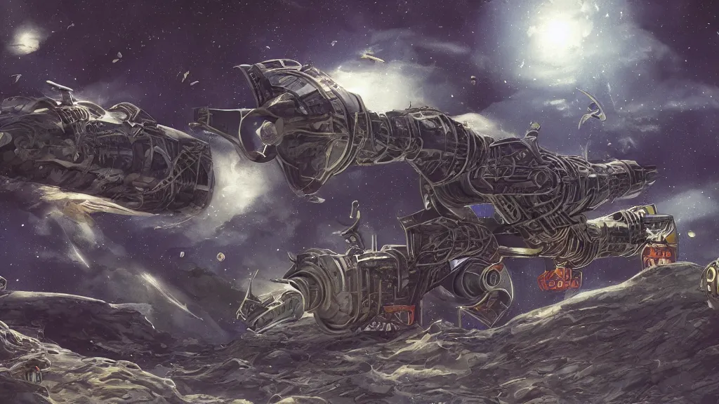 Prompt: fantasy illustration of giant machines in space