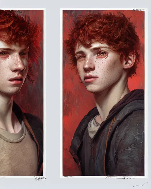Image similar to portrait of 1 9 - year - old male twins with red hair and freckles, two male, wearing shirts, hyper realistic face, beautiful eyes, fantasy art, in the style of greg rutkowski, intricate, alphonse mucha, hyper detailed, smooth