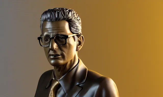 Prompt: gold statue of jeff goldblum, 3 d render, 8 k, octane render, cycles render, unreal engine