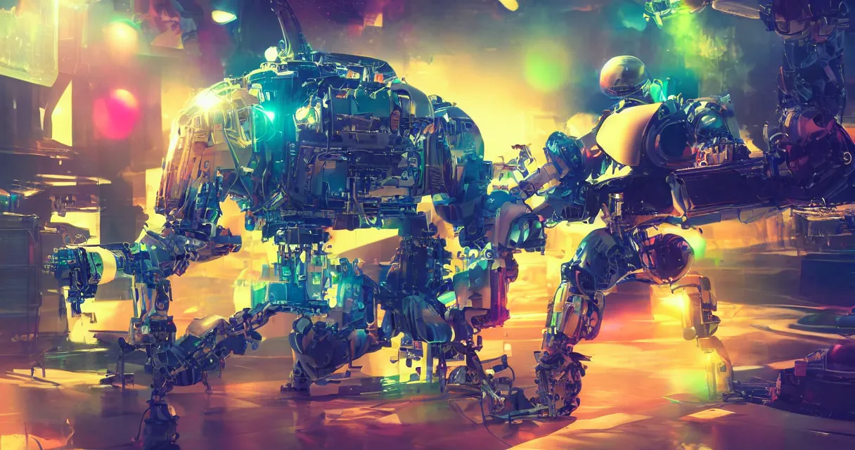 Prompt: vivid colors, spectrum, robot, drama, high quality, vray, cg, crazy, space, photoreal