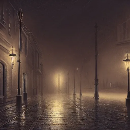 Image similar to victorian city street, dark, misty, at night, 8 k, detailed, concept art, trending on artstation