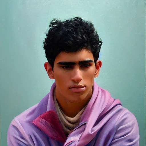 Image similar to oil painting by ilya kuvshinov, baugh casey, rhads, coby whitmore, of a youthful persian - indian college student, male, handsome, high cheekbones, large sensual mouth, curly black hair, outdoors, highly detailed, breathtaking face, studio photography, dawn, intense subsurface scattering, blush, supple look, innocence, intense sunlight