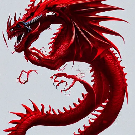 Image similar to grimez painting a realistic red dragon, china, vogue, digital art, hyperrealistic