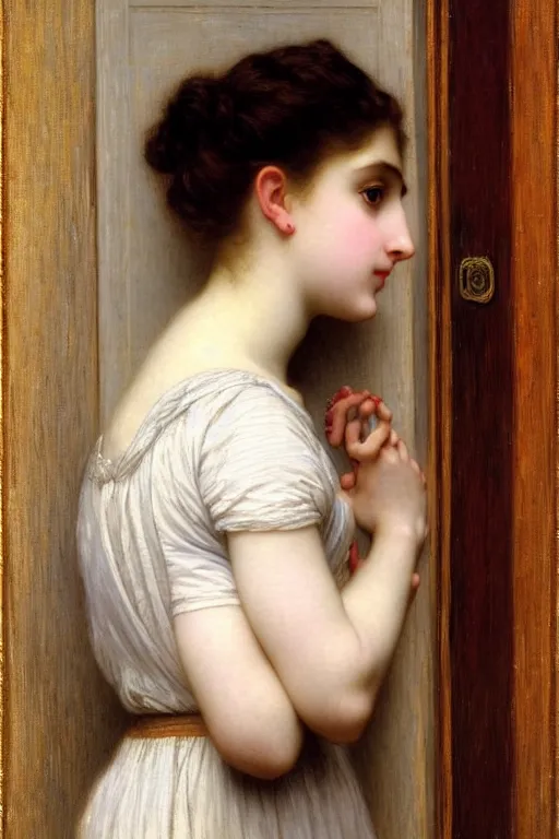 Image similar to girl in thought by auguste toulmouche and bouguereau, clear face, perfect detailed eyes, beautiful hands, pale skin, blonde hair, leaning on door