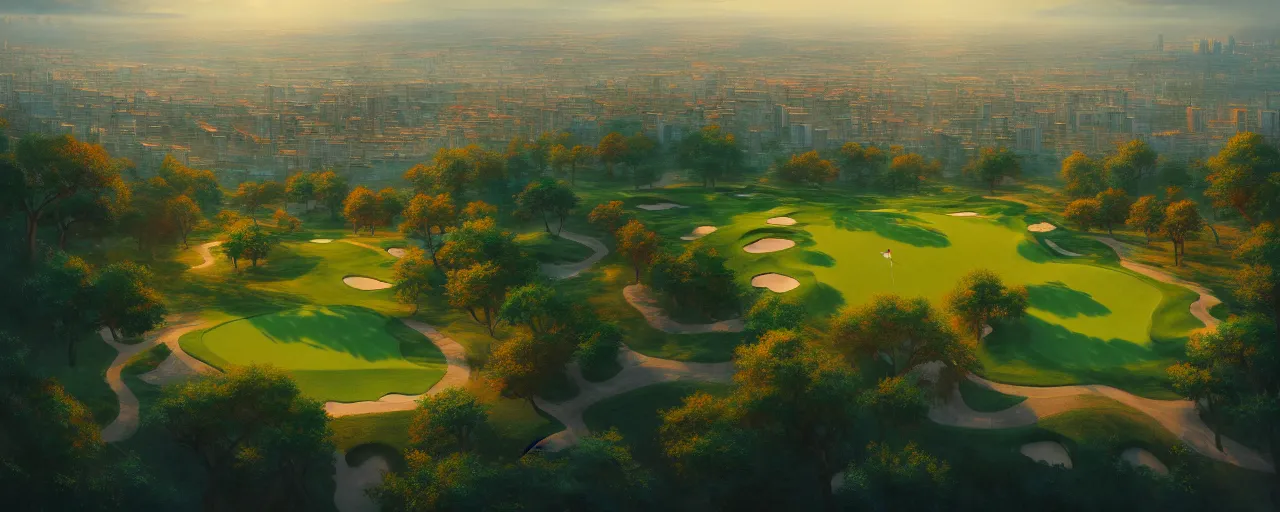 Prompt: Concept art, beautiful painting of a small golf course in the midst of huge mega city nearby the sea, 8k, Jeremy Cheung, greg rutkowski, artstation, aerial view, wide angle, 18mm, cinematic shot, golden hour, ArtStation