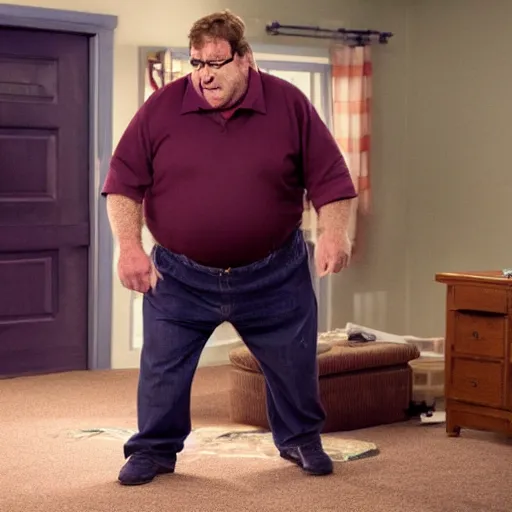 Prompt: Live Action Still of John Goodman playing and dressed as Peter Griffin, real life, hyperrealistic, ultra realistic, realistic, highly detailed, epic, HD quality, 8k resolution, film still