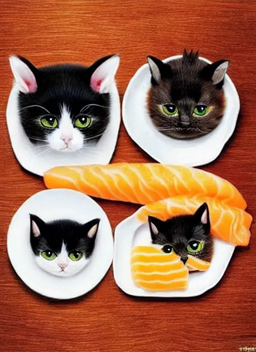 Image similar to clear photorealistic picture of adorable cats made out of sushi