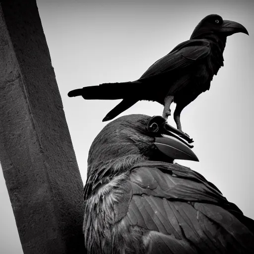 Prompt: a black and white highly detailed and realistic statue of a crow, museum lighting, award winning, masterpiece, nature photography, national geographic, construction site, black and white, high contrast, grainy