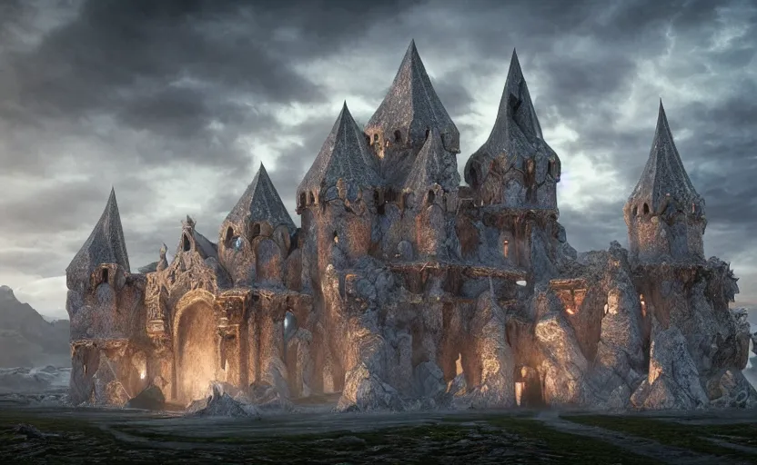 Image similar to medieval baroque castle made of crystal shards, epic landscape, iceland photography, cinematic, octane render, 8 k, art station, dramatic lighting, beautiful dusk sky, concept art, rococo, photo realistic, intense detail