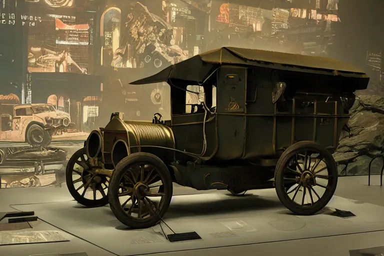 Image similar to cyberpunk 1 9 0 8 model ford t, volumetric lighting, in a museum, museum exhibit, museum lighting, 9 0 s film photo