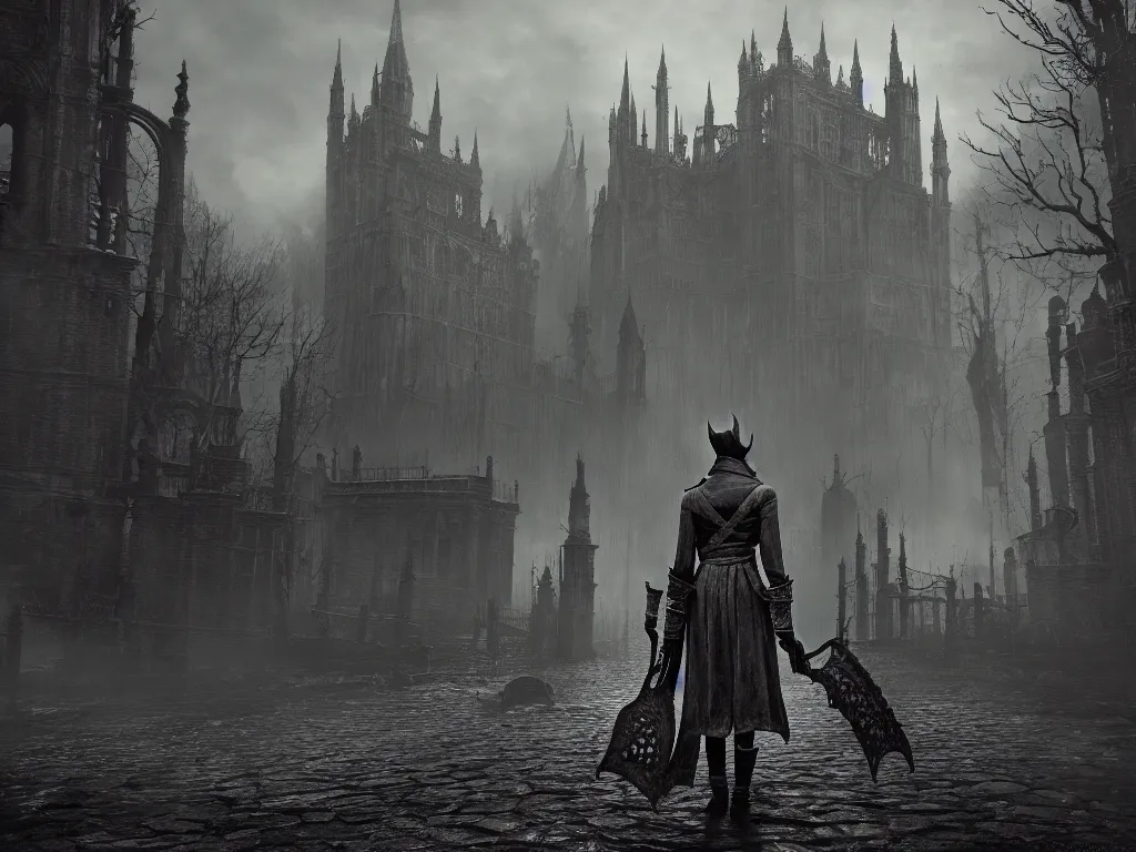 Image similar to bloodborne 2, dark, nighttime, victorian england style, horror, grotesque, serene, haunting, heavy atmosphere, claustrophobic, insanity, High Definition detail, 8K