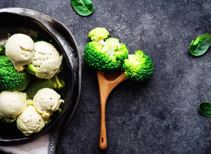 Image similar to dslr food photograph of broccoli and brussel sprout ice cream, 8 5 mm f 1. 8