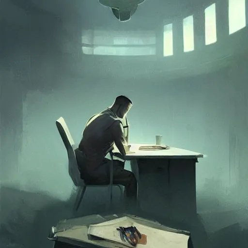 Prompt: concept art by greg rutkowski, a very tall, slender man sitting with a group of people using a desk as a makeshift dining table, inside a futuristic police station converted as a shelter, low lighting, depressing atmosphere, scifi, digital painting, artstation, concept art, smooth, sharp foccus ilustration, artstation hq