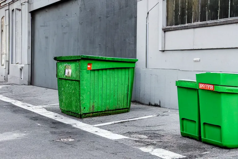 Image similar to two gigantic beat - up, and worn out green dumpsters against a totally white background