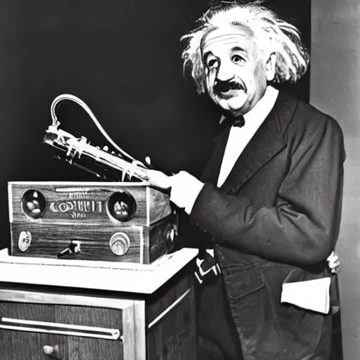 Prompt: photo of Albert Einstein DJing a phonograph, vintage, highly detailed facial features