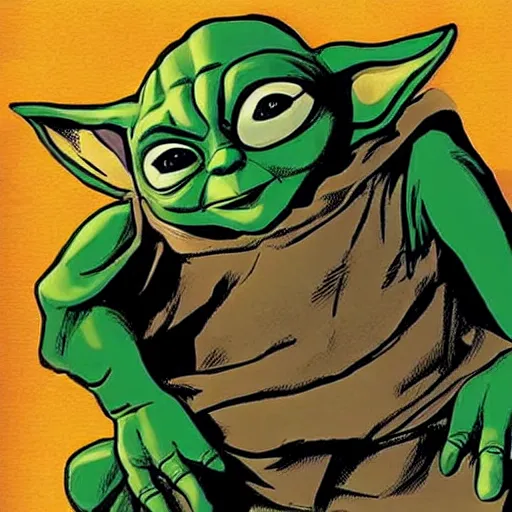 Prompt: baby yoda reading a Cyberfrog comicbook