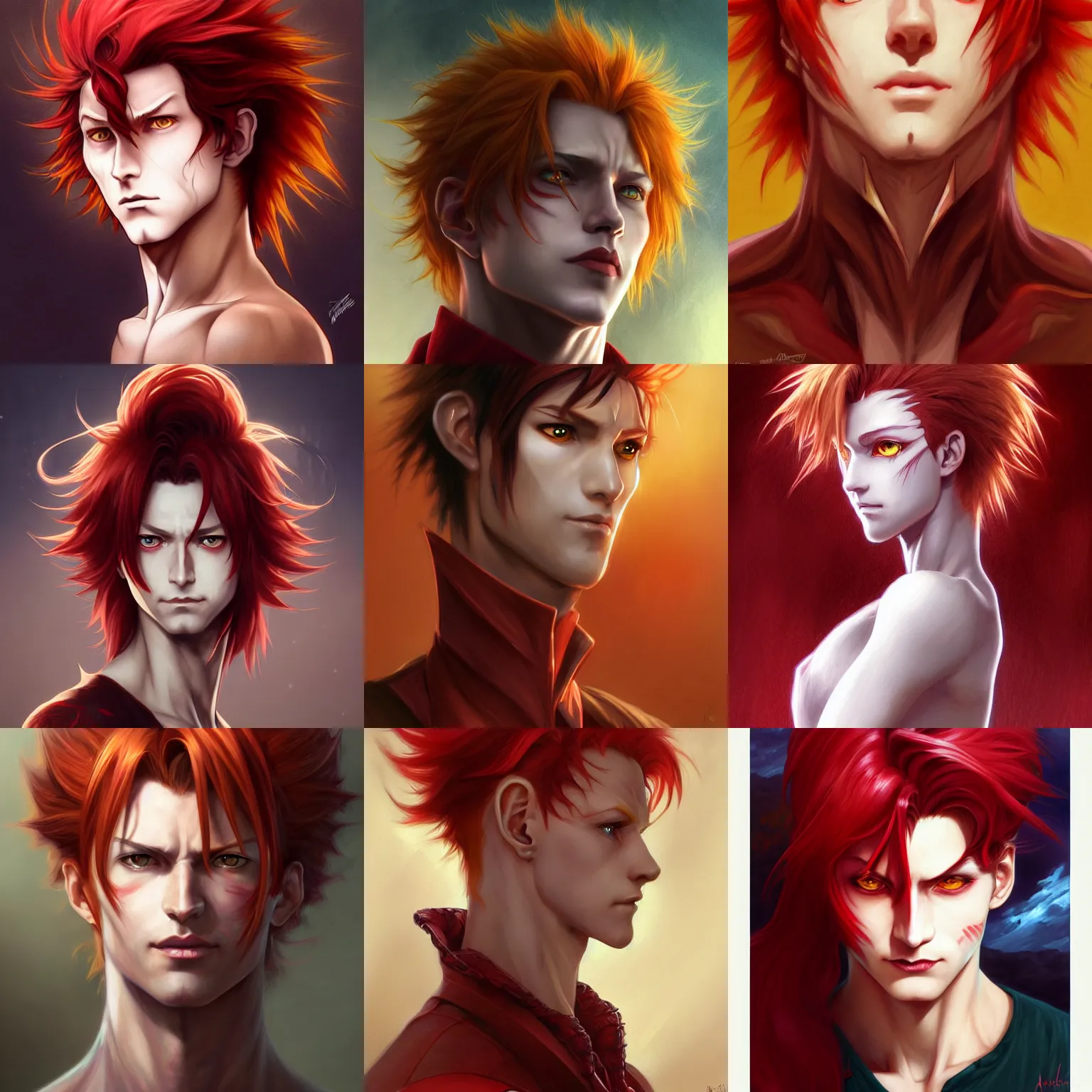 Image similar to portrait of hisoka morow hunter hunter, male, sharp jaw yellow eyes narrow sultry eyes red hair soft hair swept back crimson medium length hair, anime, fantasy, intricate, elegant, highly detailed, digital painting, artstation, concept art, matte, sharp focus, illustration, art by artgerm and greg rutkowski and alphonse mucha