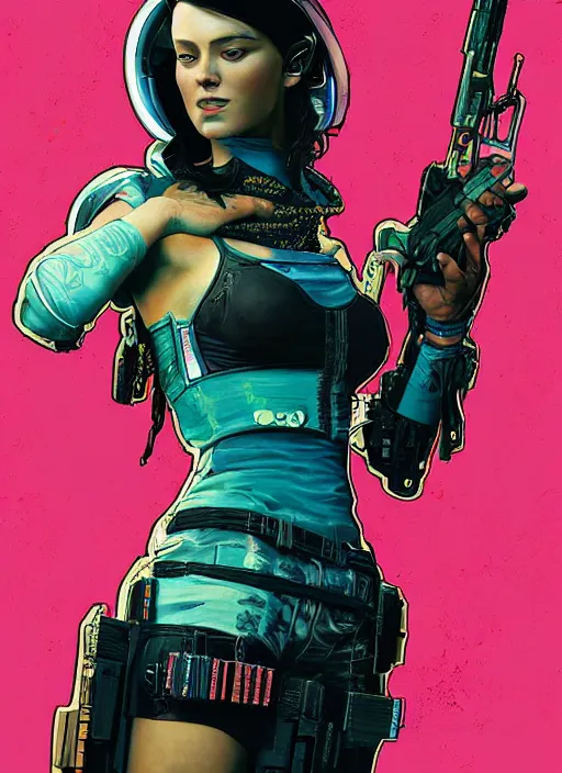 Image similar to cyberpunk woman in dress holding belt fed pistol. advertisement for pistol. cyberpunk ad poster by james gurney, azamat khairov, and alphonso mucha. artstationhq. painting with vivid color, cell shading. ( rb 6 s, cyberpunk 2 0 7 7 )