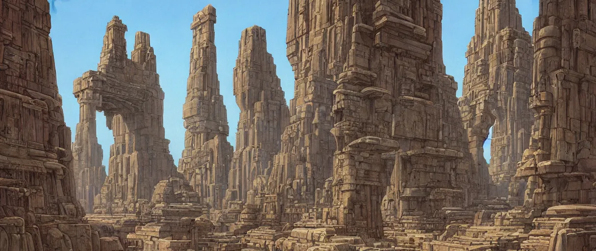 Prompt: A beautiful illustration of an ancient city built by advanced Feline Aliens by Robert McCall and Ralph McQuarrie | sparth:.2 | Time white:.2 | Rodney Matthews:.2 | Graphic Novel, Visual Novel, Colored Pencil, Comic Book:.1 | unreal engine:.3 | first person perspective | viewed from below | establishing shot:.7