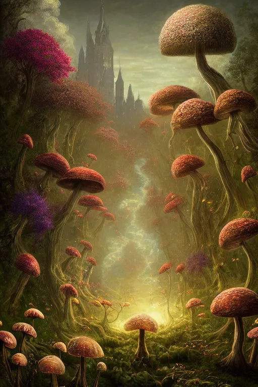 Image similar to a beautiful digital illustration painting of a detailed gothic fantasy sparkles and overgrown roots, dark mushroom, flowers by benoit b. mandelbrot, steven belledin, martin johnson heade, lee madgwick, caspar david friedrich, and david rios ferreira. 8 k resolution trending on artstation concept art digital illustration