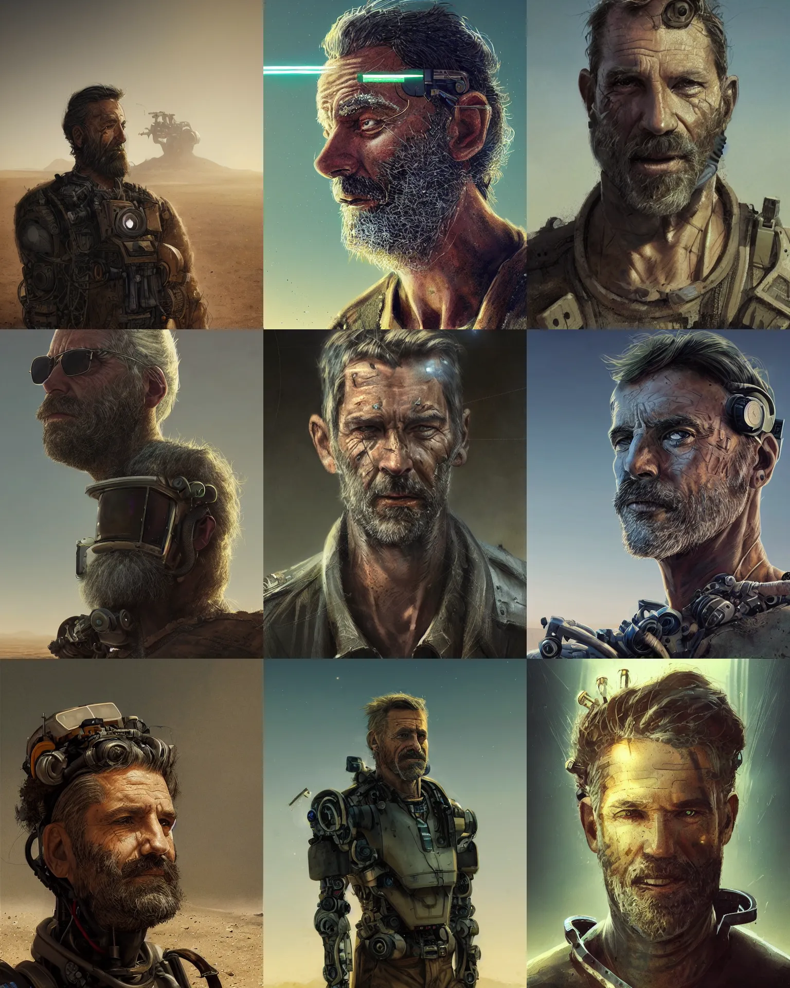 Prompt: a rugged middle aged engineer man with cybernetic enhancements and special hair lost in the desert, scifi character portrait by greg rutkowski, esuthio, craig mullins, short beard, green eyes, 1 / 4 headshot, cinematic lighting, dystopian scifi gear, gloomy, profile picture, mechanical, half robot, implants, steampunk