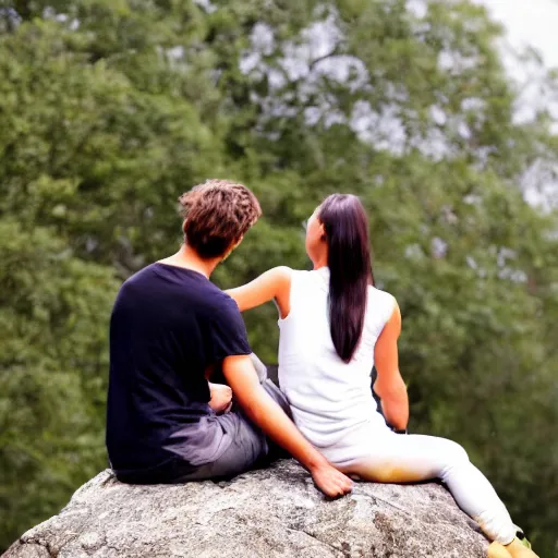 Prompt: boyfriend and girlfriend sitting together on a large square rock,