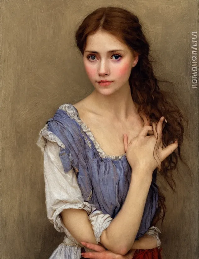 Prompt: tempting peasant girl with deep décolleté looking in the camera, high angle view, portrait , Cinematic focus, Polaroid photo, vintage, neutral colors, soft lights, foggy, by Steve Hanks, by Serov Valentin, by lisa yuskavage, by Andrei Tarkovsky 8k render, detailed, oil on canvas