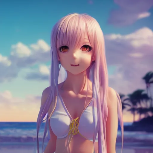 Prompt: pastel render as a very beautiful 3d anime girl, full body, long braided ocean blue hair, azure blue eyes, full round face, short smile, casual clothes, serene beach setting, cinematic lightning, medium shot, mid-shot, highly detailed, trending on Artstation, Unreal Engine 4k, cinematic wallpaper