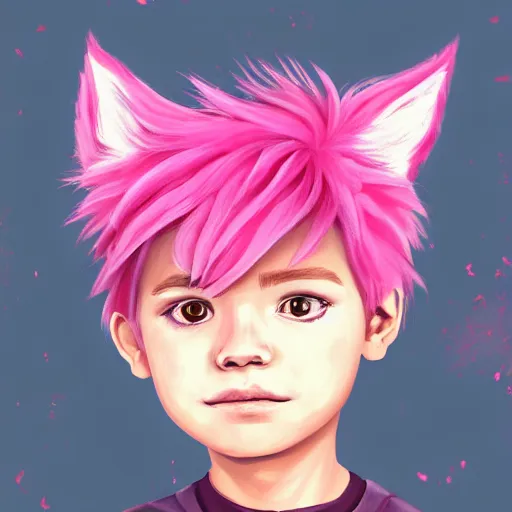 Image similar to a painting of a cute boy with pink hair and pink wolf ears, artstation, artistic, highly detailed