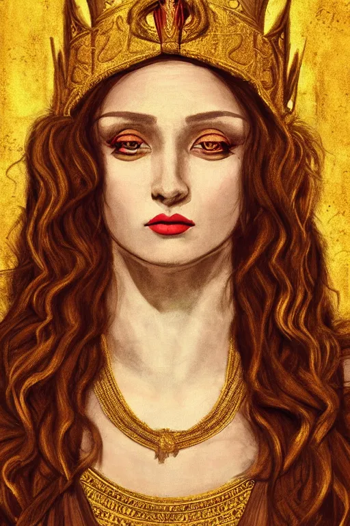 Prompt: Portrait of historically accurate, ancient biblical, sultry, sneering, evil, pagan, wicked, queen jezebel, wearing gilded robes, long hair, intricate, elegant, highly detailed, masterpiece, illustration, art by davinci, highly detailed, trending on artstation, award winning