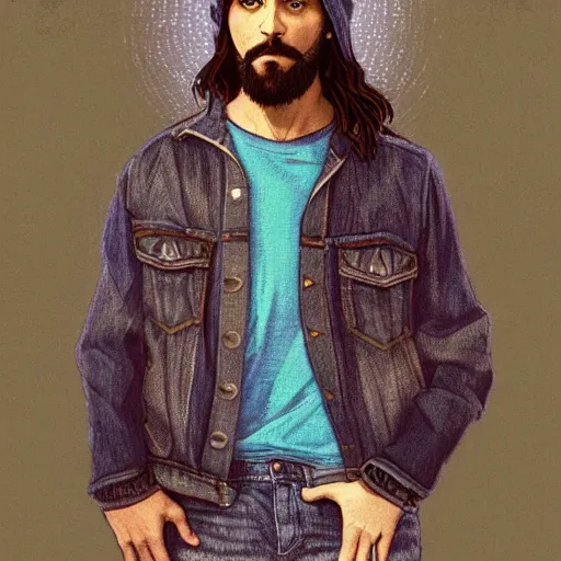 Prompt: an extremely detailed full body portrait of a ridiculously good looking jesus that looks like a hipster outside a coffee shop, wearing a jean jacket with a nirvana jacket and a beenie, carrying a skateboard shaped like a cross, waxed beard, very detailed, cinematic, artstation, william bouguereau, alphonse mucha, greg rutkowski, rossdraws, octane render