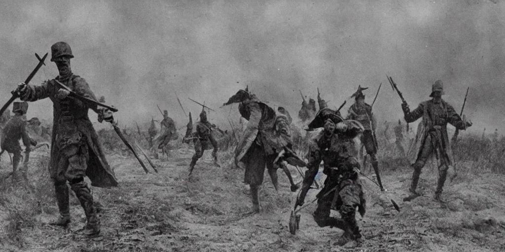 Prompt: scary unproportionable tall ghost creature in the middle of a battlefield, 1900s picture