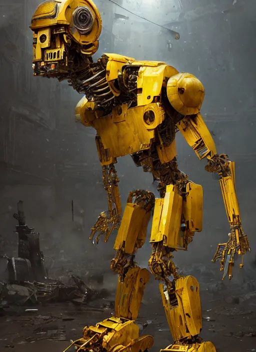 Image similar to human-sized strong intricate yellow pit droid, pancake flattened head, exposed metal bones, painterly humanoid mecha, full body, by Greg Rutkowski