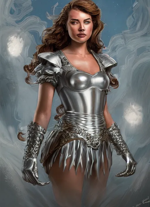 Prompt: beautiful female dorothy gale, rebecca romijn as dorothy, full body character concept, covered in full beautiful silver armor, art nouveau, super powers, fantasy, intricate, elegant, highly detailed, digital painting, artstation, concept art, shining, sharp focus, illustration, art by stanley lau