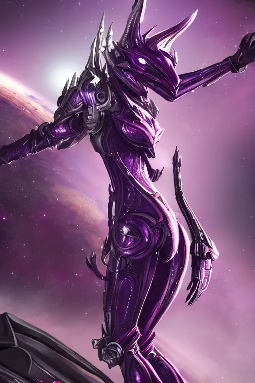 Prompt: galactic hyperdetailed beautiful stunning giantess anthropomorphic mecha sexy hot female dragon goddess rear, sharp spines, sharp metal ears, smooth purple eyes, silver armor, smooth fuschia skin, in space, epic proportions, epic scale, epic size, warframe destiny fanart, furry, dragon art, goddess, giantess, furaffinity, octane render