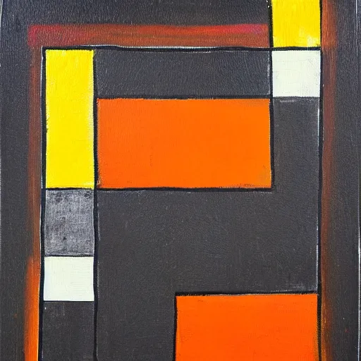 Prompt: an abstract painting of symmetric squares, circles and triangles in black, orange and yellow, inspired by piet mondrian