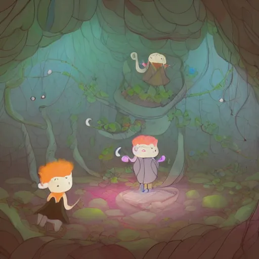 Image similar to a family of faeries living inside a hollow in a tree, masterpiece soft focus painting by kerascoet by marie pommepuy and sebastien cosset, dynamic lighting