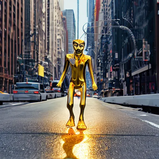 Prompt: a t - 1 0 0 0 cat made of liquid metal walking in the streets of new york city and frightening all the people around, volumetric lighting, sharp focus, ultra detailed, cgsociety - w 1 0 2 4 - n 8 - i