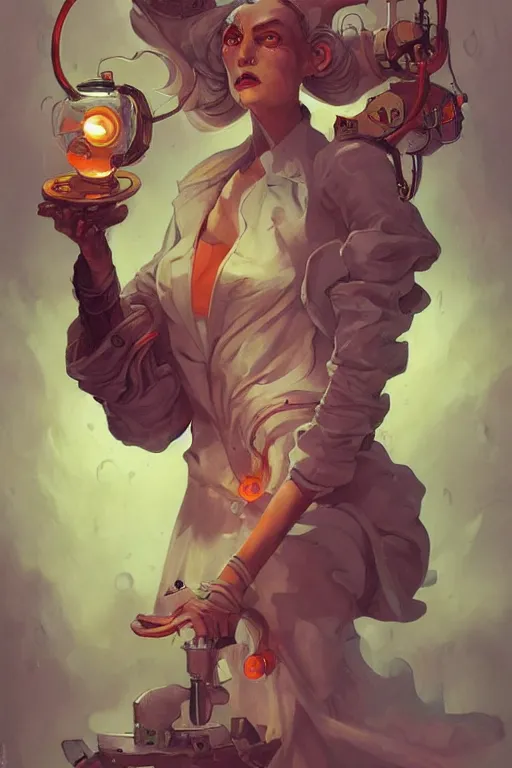 Prompt: portrait of mad lady scientist, stylized illustration by peter mohrbacher, moebius, juan gimenez, colorful comics style,