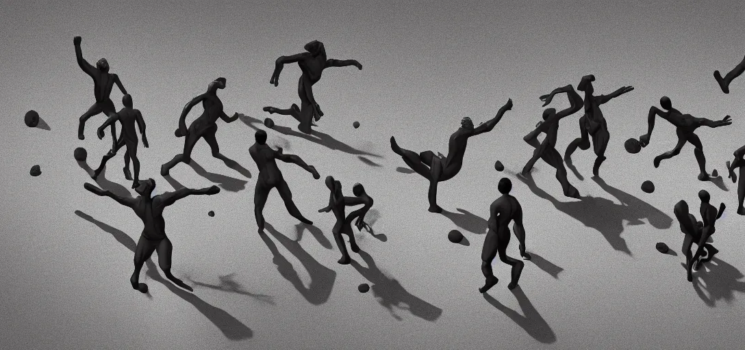 Prompt: multiple close interacting human figurines as olympic icons, explosions!, caves!, holes, mountains, trees!!, tilt shift, concept art, illustration, sss, occlusion, high contrast, very long shadows, on white