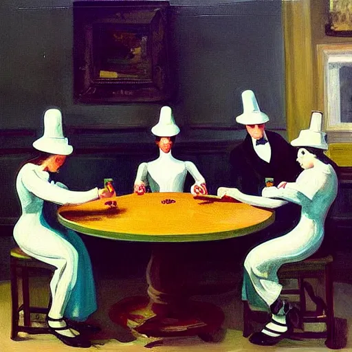 Prompt: “an award winning painting of a group of beautiful young symmetric people wearing monocles and top-hats sitting at a round metal table playing cards, drinking gin and tonic. In the style of Edward hopper”